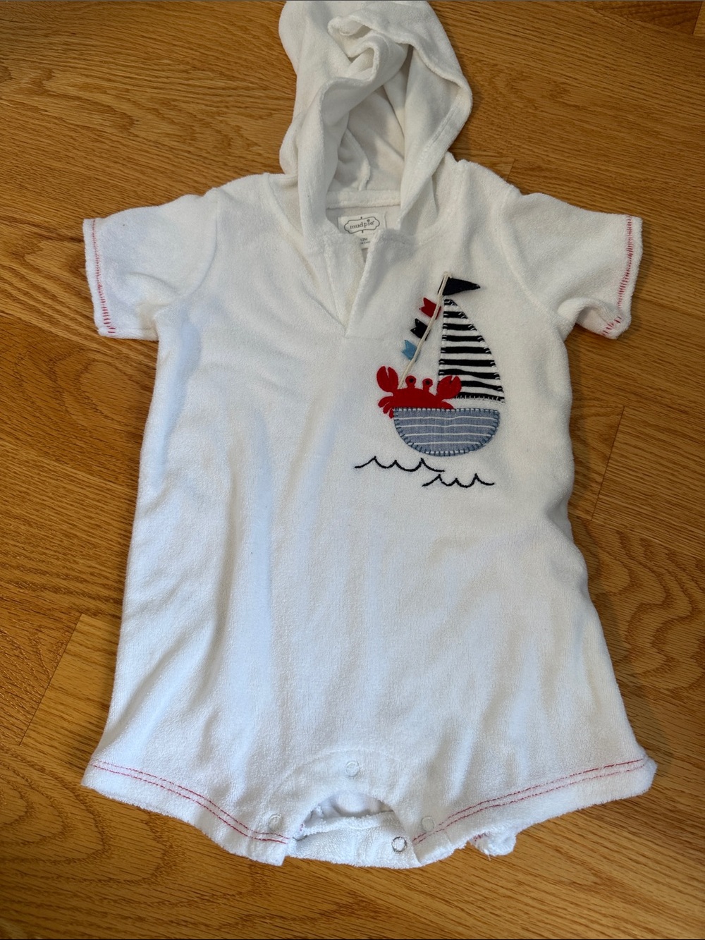 Mud Pie White Hooded Sailboat Terry Coverup with Red Accent